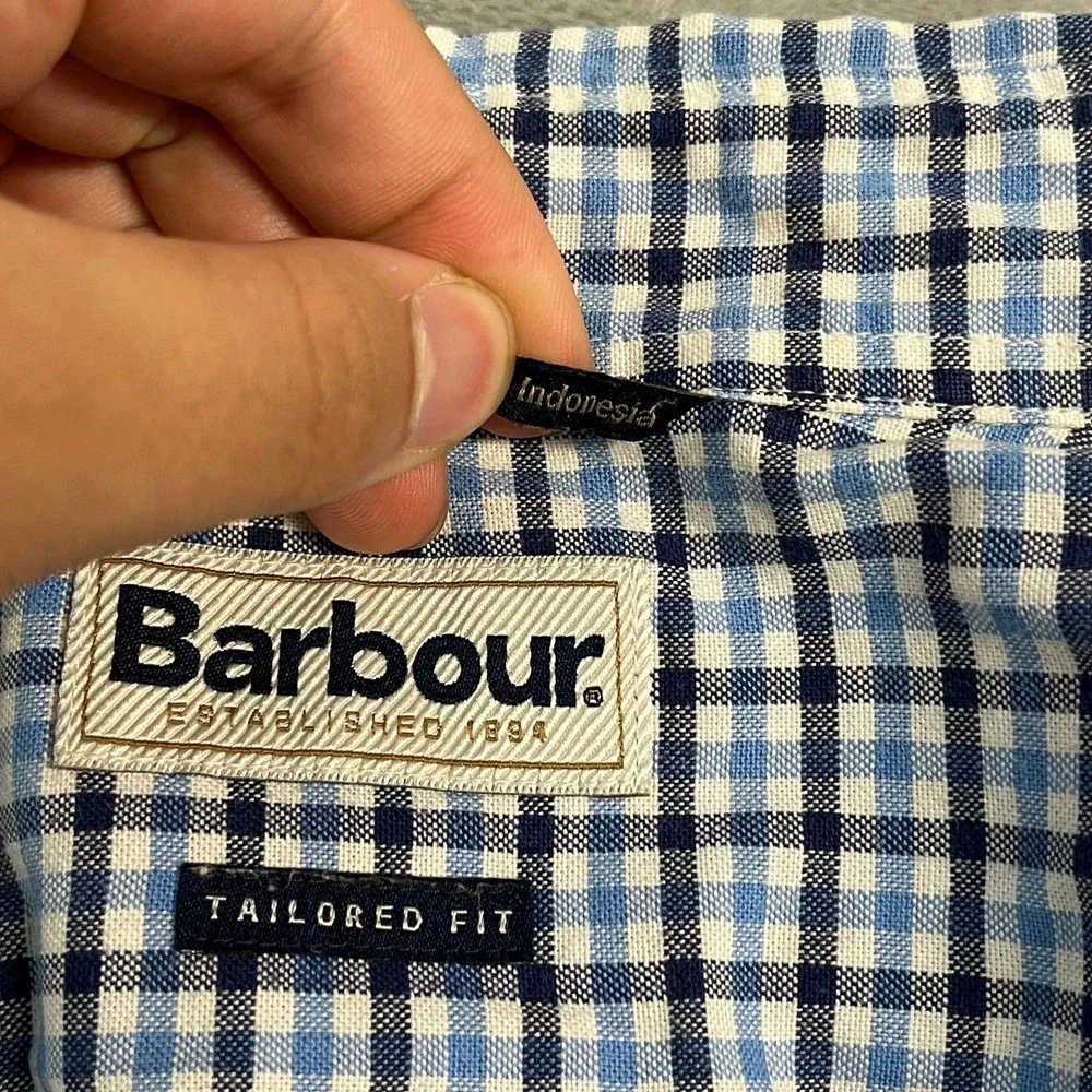 Barbour Gingham Check Tailored Fit Button Shirt Mens Medium Blue White Preppy